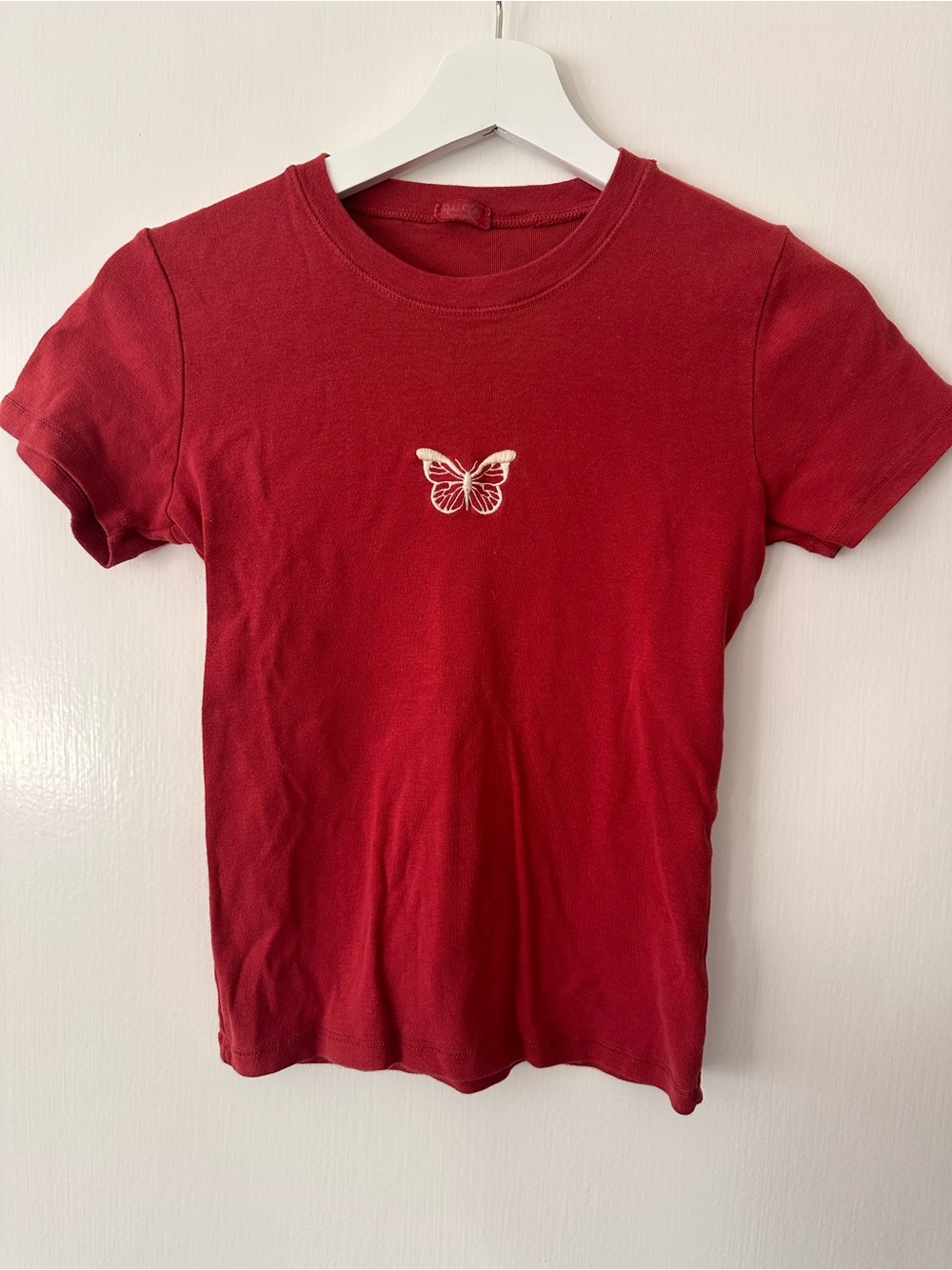 Brandy Melville Red Short-Sleeve Tee with White Butterfly
